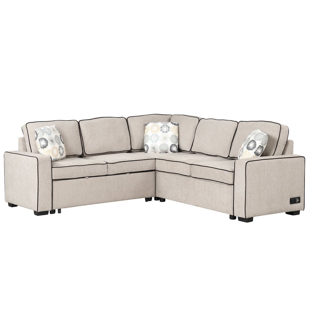 Cream L-Shaped Pull Out Sofa Bed with 2 USB Ports and 3 Pillows R9672