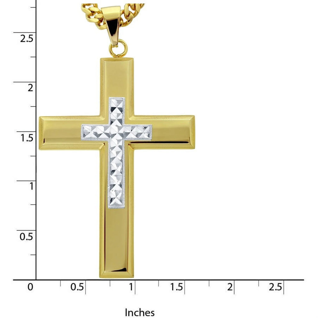Stainless Steel Gold Tone Cross with Silver Tone Diamond Cut Cross T622507
