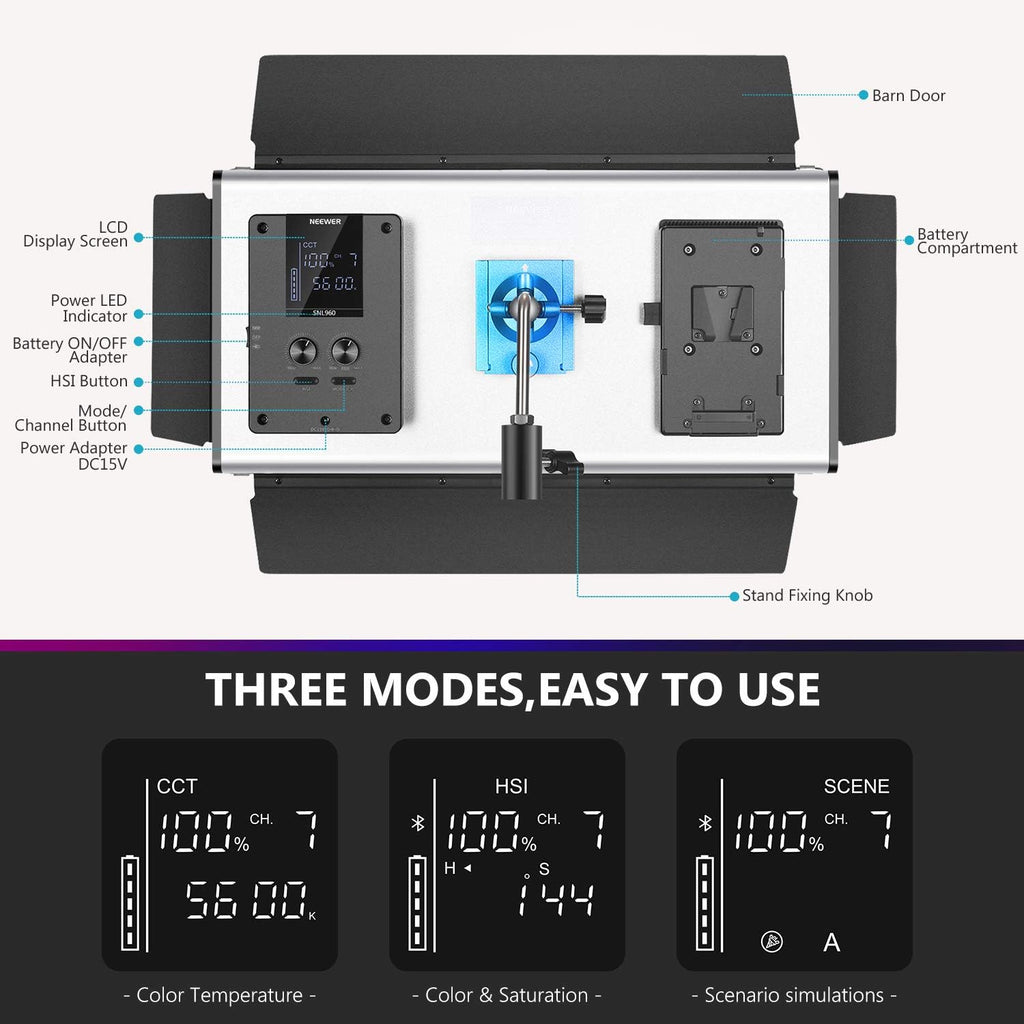 960 RGB LED Light with LCD Screen and Barndoor F62182