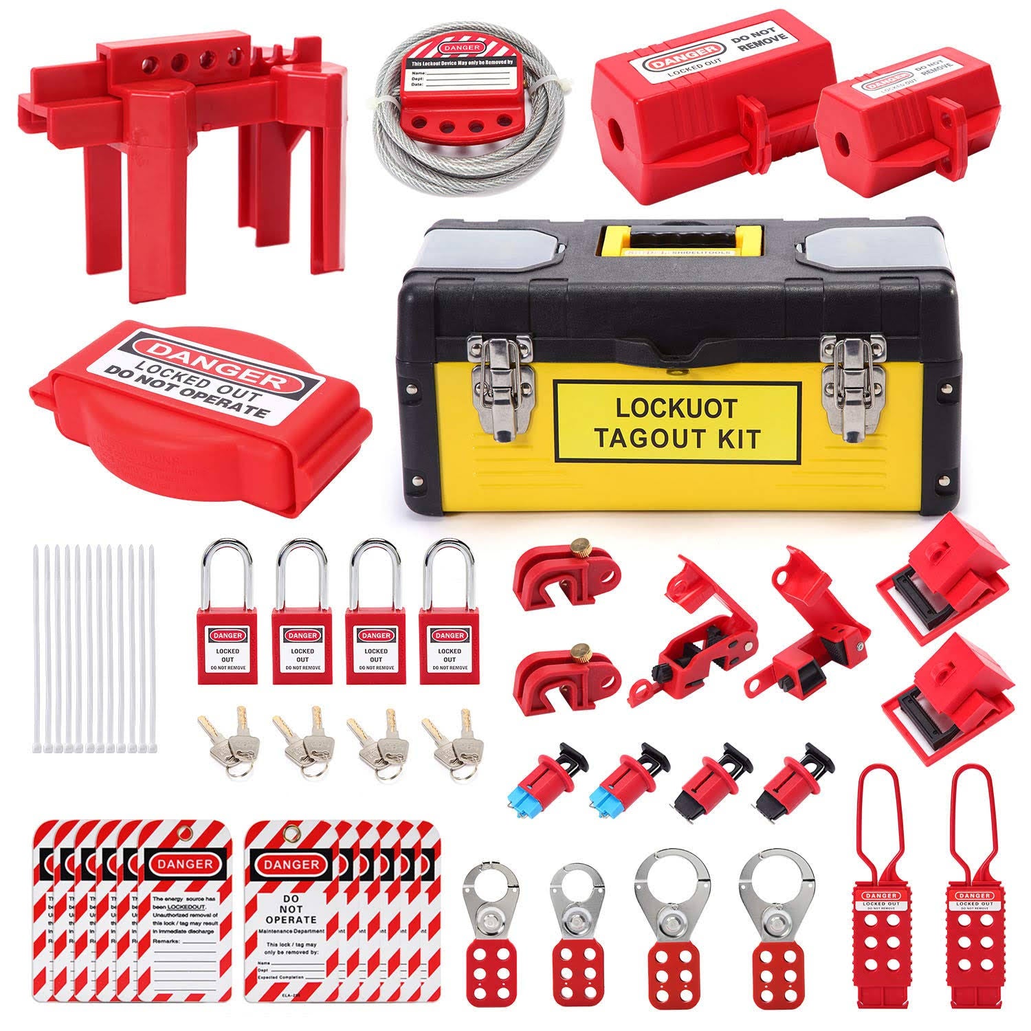 Lockout Tagout Kit with Safety Padlocks, Hasp, Breaker Lockout, Ball Valve Lockout, Steel Cable Lockout, Plug K765506