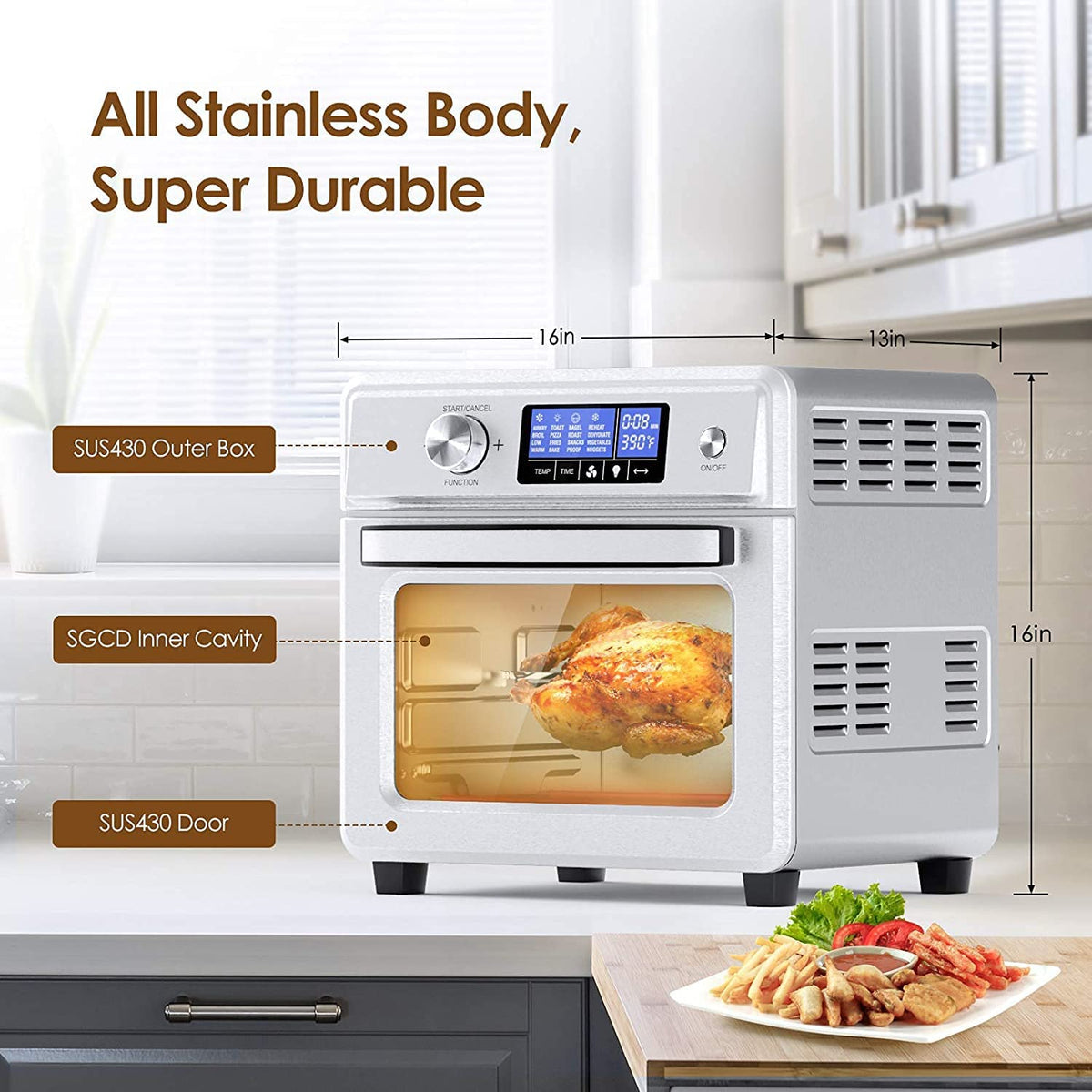 16-in-1 Stainless Steel Air Fryer Toaster Oven Combo with Digital Temperature Control, 9 Accessories & Cookbook M17867