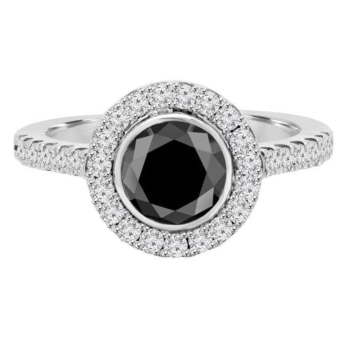 Round Black Diamond Bezel Set Halo Engagement Ring in 14K White Gold B5852
