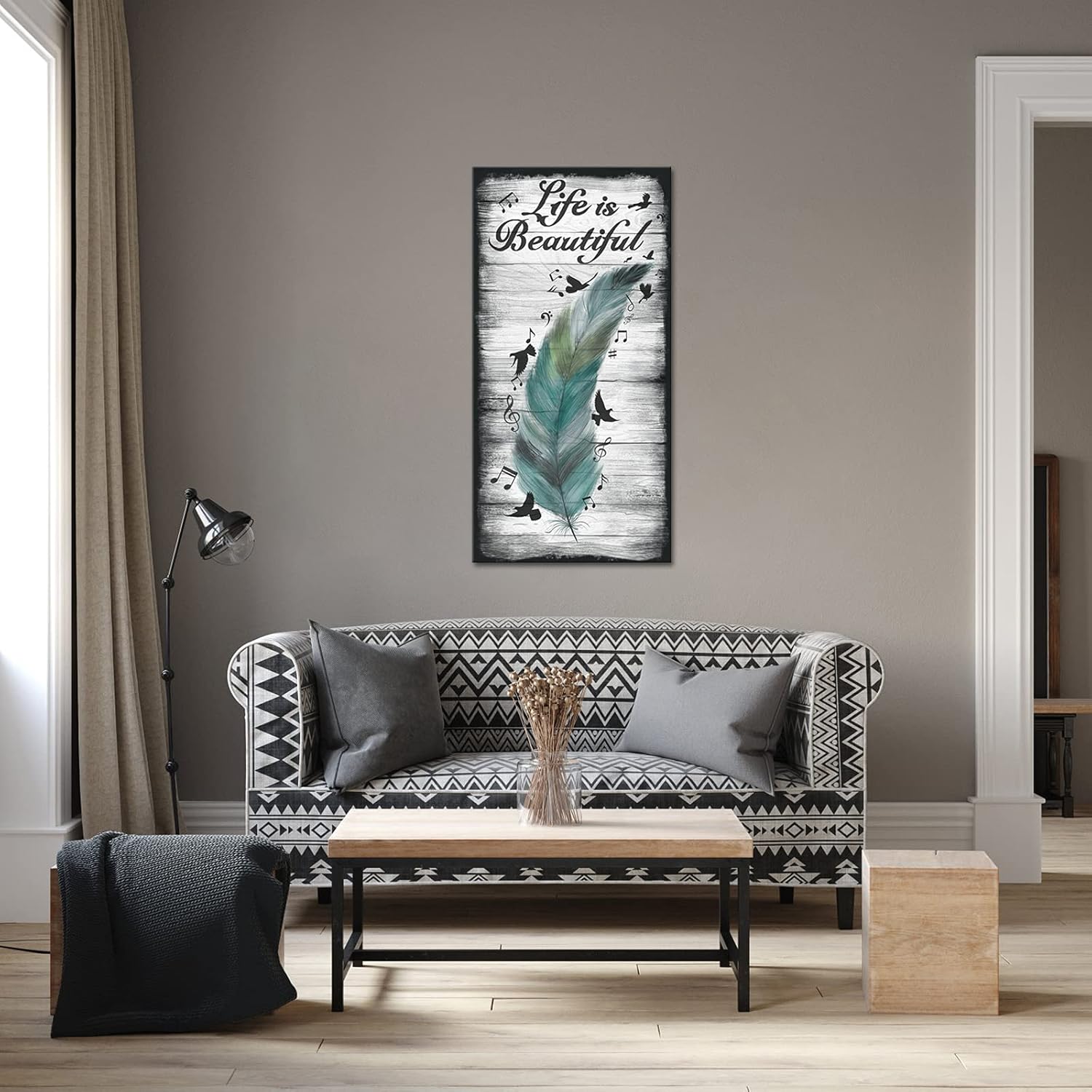 Abstract Feather and Flying Birds Canvas Wall Art with Inspirational Quote, 20x40 T274434