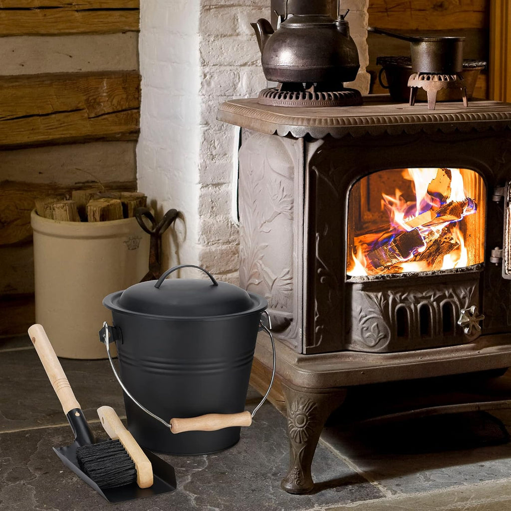 Mini Ash Bucket with Lid, 1.5-Gallon Pail with Shovel and Hand Broom, Metal Bucket Coal and Ash Carrier, Wood Pellet Storage Container, Tool set Accessories for Fireplace, Fire Pit, Wood Burning Stove Pack of 2 Q89834