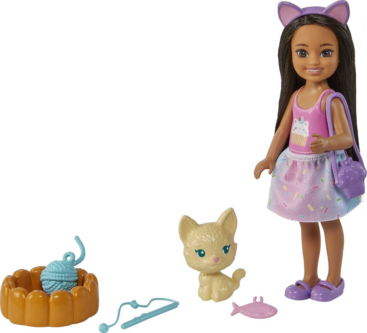 Brunette Doll with Removable Skirt, Kitten, Pet Bed O860