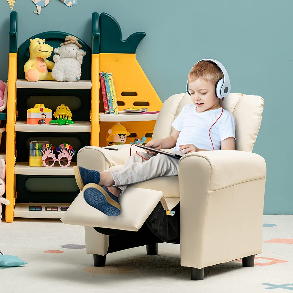 Beige PU Leather Toddler Armrest Sofa Recliner R797