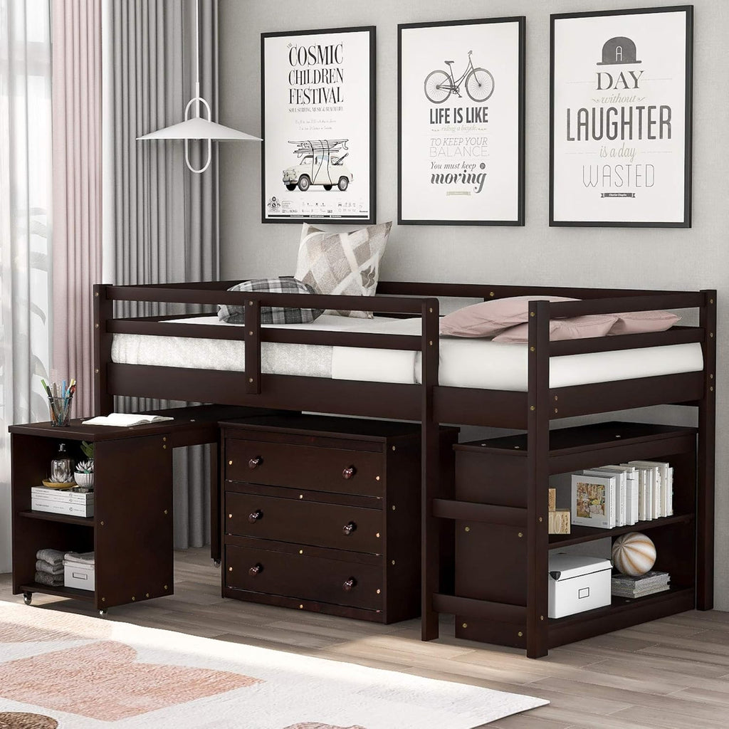 White Solid Wood Twin-Size Low Loft Bed Frame with Ladder and Desk C666178
