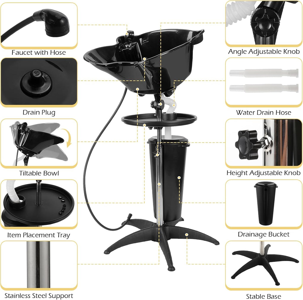 Portable Shampoo Bowl Basin Sink with Adjustable Height, Includes Drain Hose and Bucket G2288