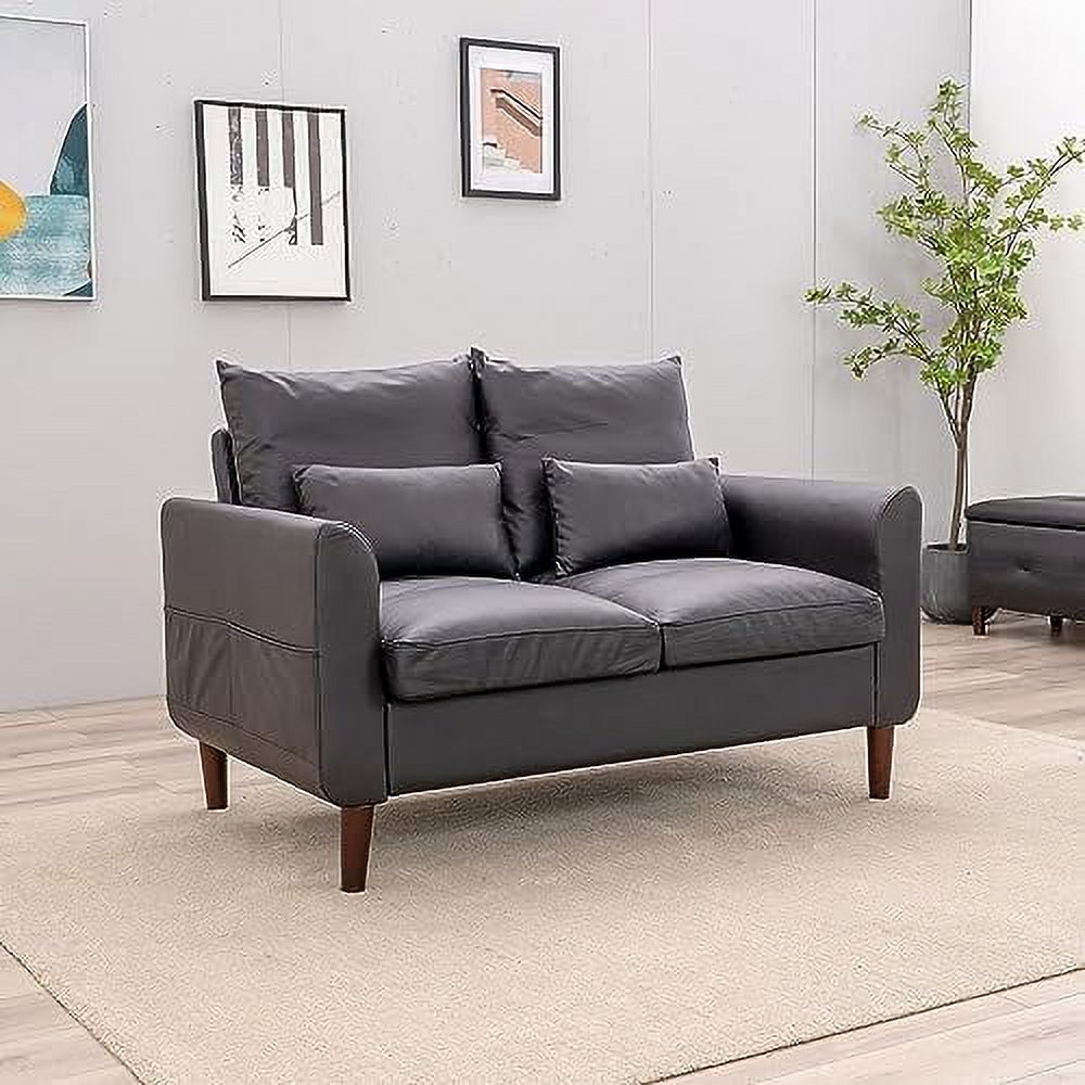 Black Faux Leather 2-Seat Sofa with Wood Leg I86428