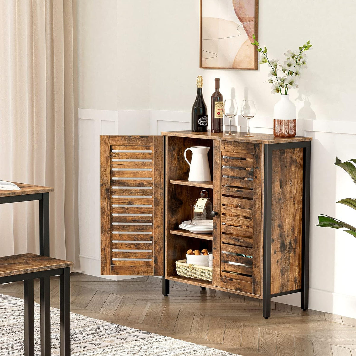 Rustic Brown Bathroom Cabinet with 2 Adjustable Shelves and Louver Doors M118911
