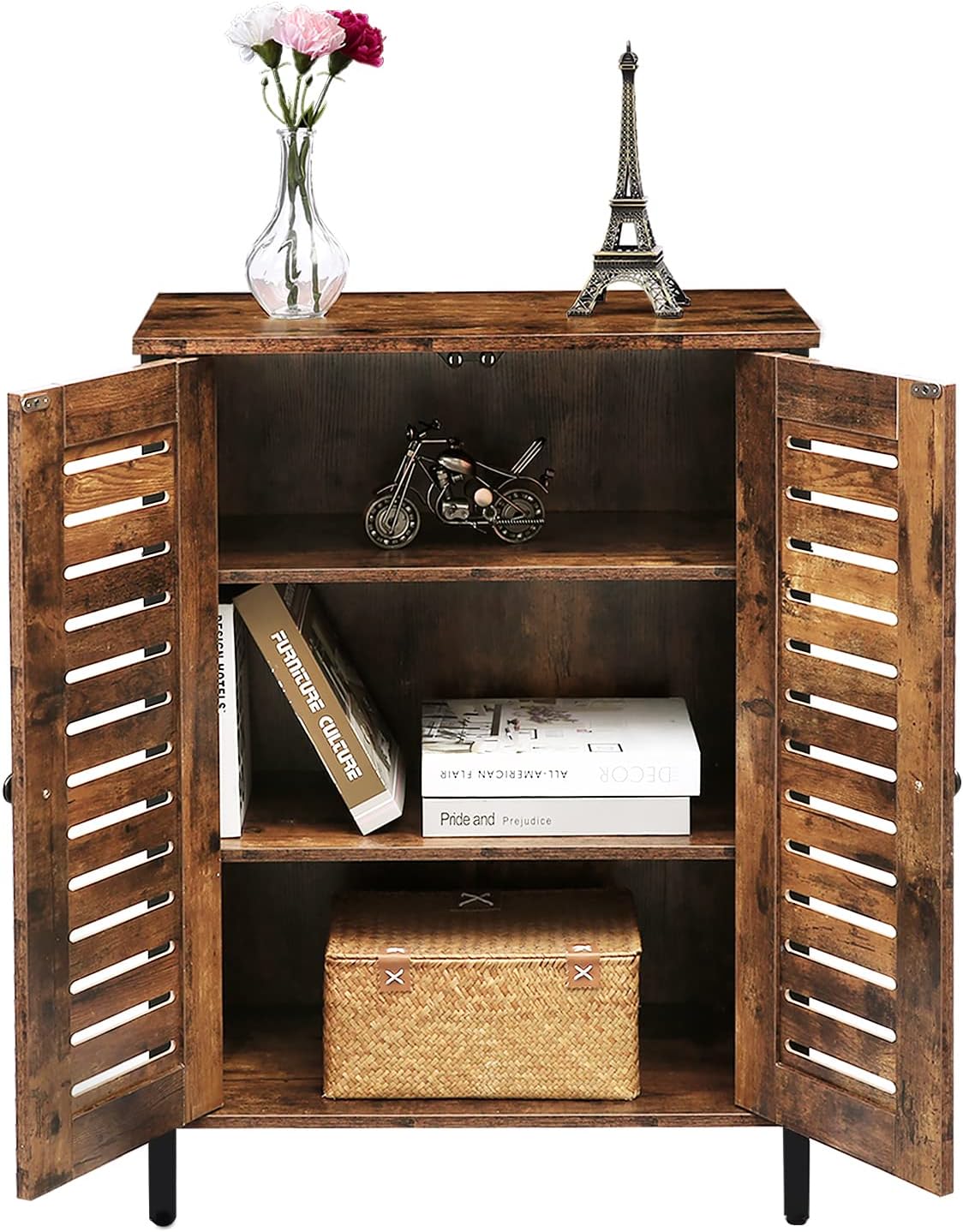 Rustic Brown Bathroom Cabinet with 2 Adjustable Shelves and Louver Doors M118911