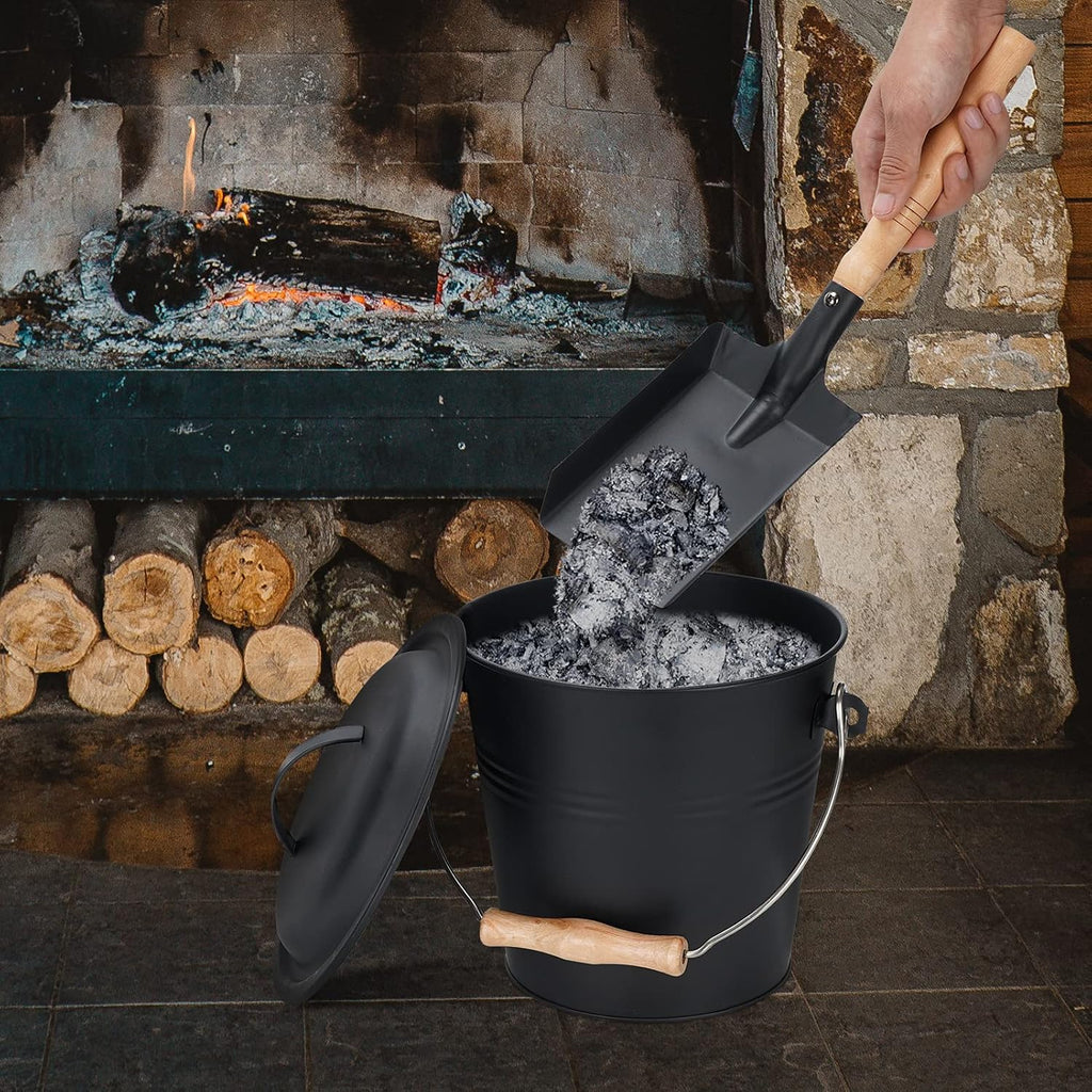 Mini Ash Bucket with Lid, 1.5-Gallon Pail with Shovel and Hand Broom, Metal Bucket Coal and Ash Carrier, Wood Pellet Storage Container, Tool set Accessories for Fireplace, Fire Pit, Wood Burning Stove Pack of 2 Q89834