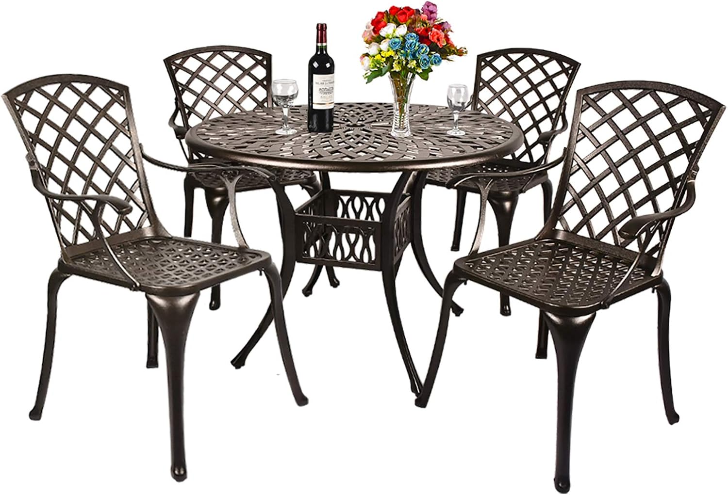 5 Piece Outdoor Cast Aluminum Patio Dining Set with 4 Chairs and Round Table A91844