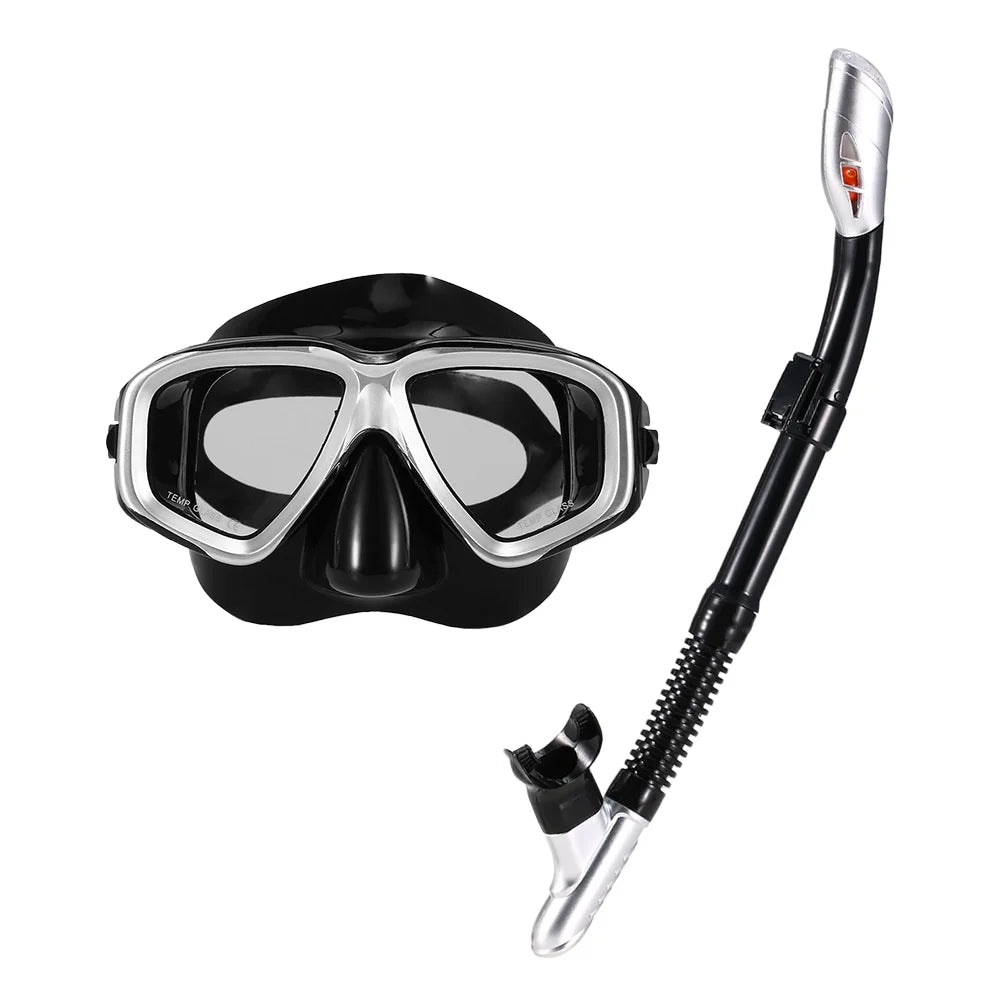 Freediving Snorkel Set with Tempered Glass Lens Goggles F431751