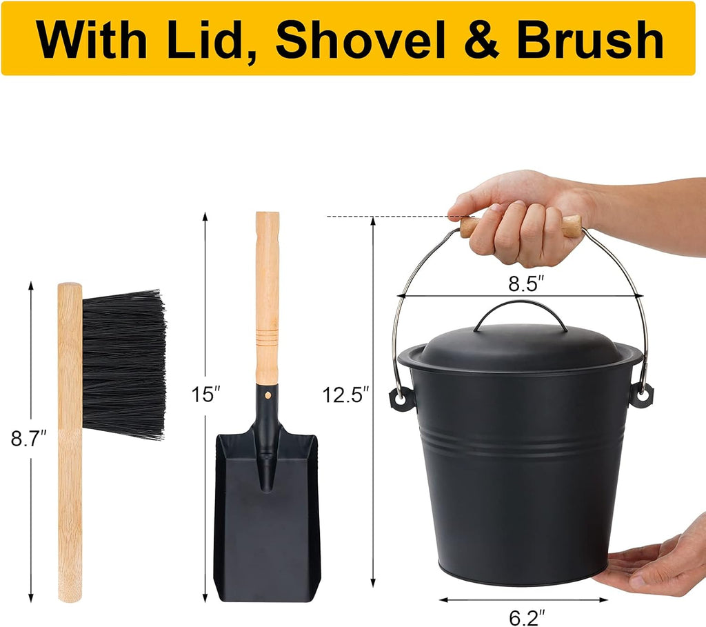 Mini Ash Bucket with Lid, 1.5-Gallon Pail with Shovel and Hand Broom, Metal Bucket Coal and Ash Carrier, Wood Pellet Storage Container, Tool set Accessories for Fireplace, Fire Pit, Wood Burning Stove Pack of 2 Q89834