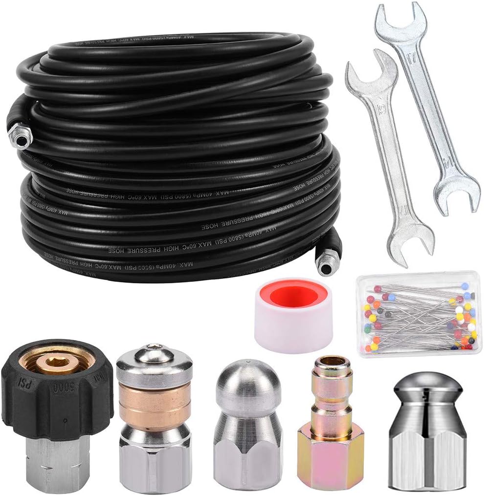 Sewer Jetter Kit 50FT for Pressure Washer, 5800PSI Drain Cleaner Hose 1/4 Inch NPT, Sewer Jetting Nozzle with Spanner Waterproof Tape X785591