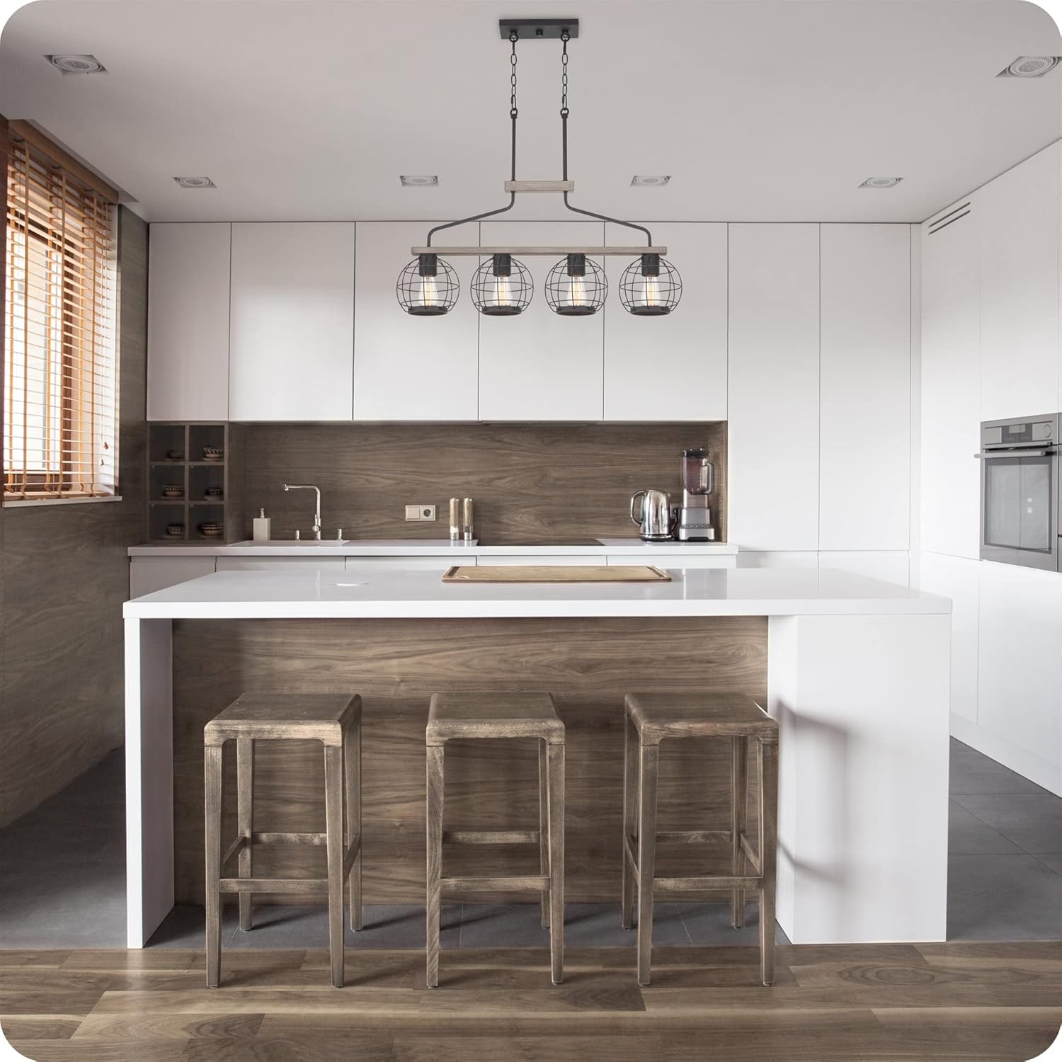 Farmhouse Island Light with Round Cage Shades V26128