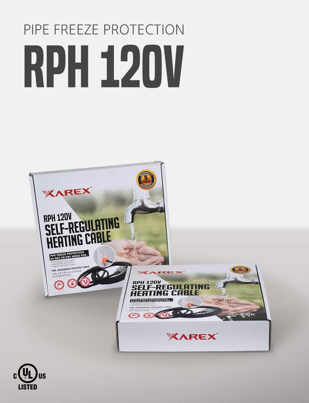 Self-Regulating Pipe Heat Cable with Glass Tape, 18ft, 120V, 6ft Cord & Lighted Plug Y38229