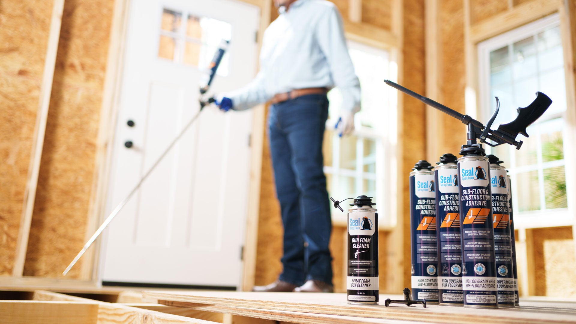 24/24oz Cans Polyurethane Adhesive with 40 inch Barrel Spray Gun and 16.9oz Cleaner with 14 Forked Guide Tip O129