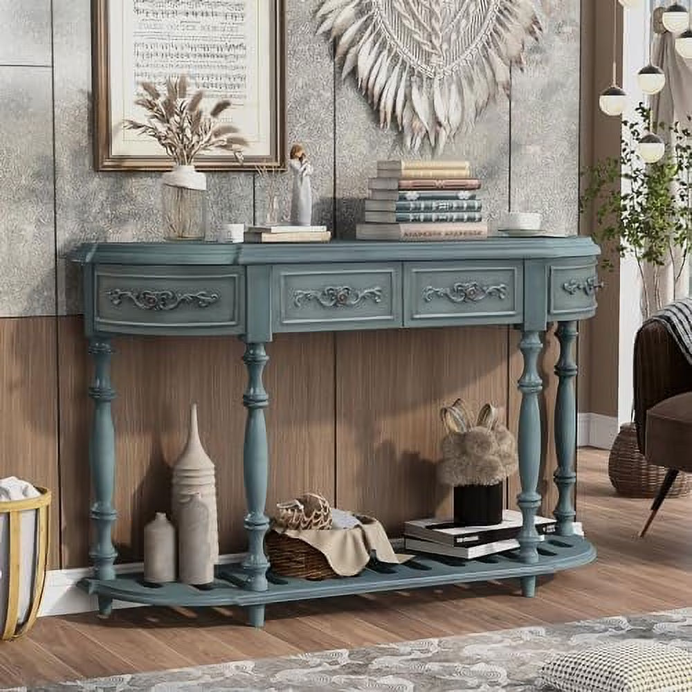 Retro Curved Console Table with 2 Top Drawers and Solid Wooden Frame K153790