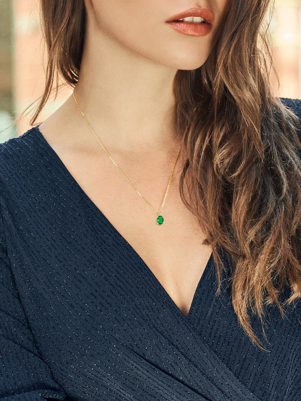 14K Yellow Gold Green Nano Emerald Solitaire Pendant Necklace with 18 inch Silver Chain U9128
