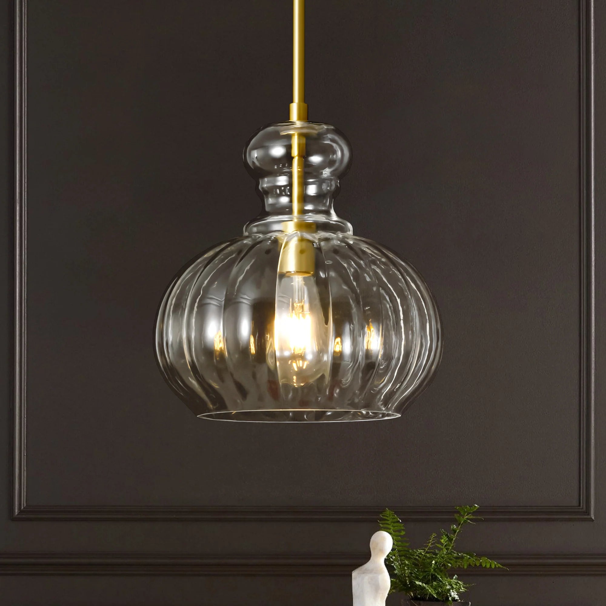 1-Light Dimmable Glass Farmhouse Pumpkin Shaded Pendant K652