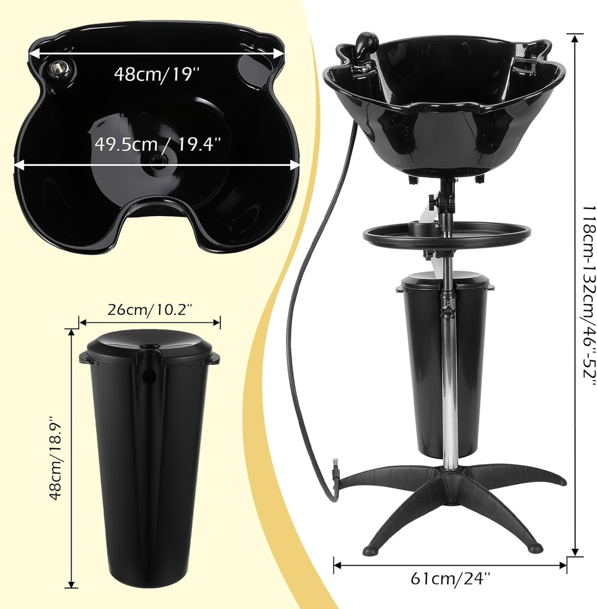 Portable Shampoo Bowl Basin Sink with Adjustable Height, Includes Drain Hose and Bucket G2288