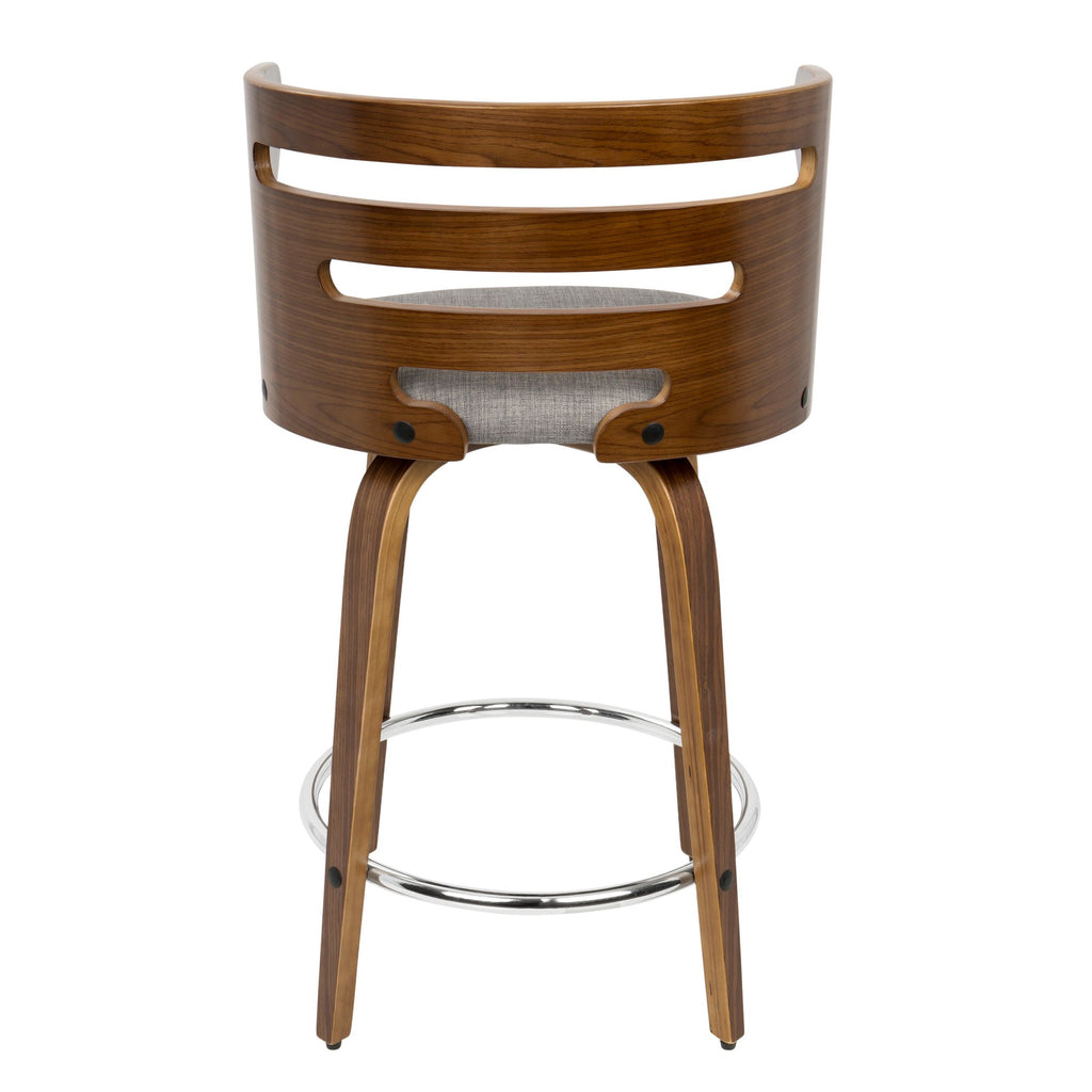 Mid-Century Modern Counter Stool with Swivel in Walnut and Grey Fabric, Set of 2 F137799