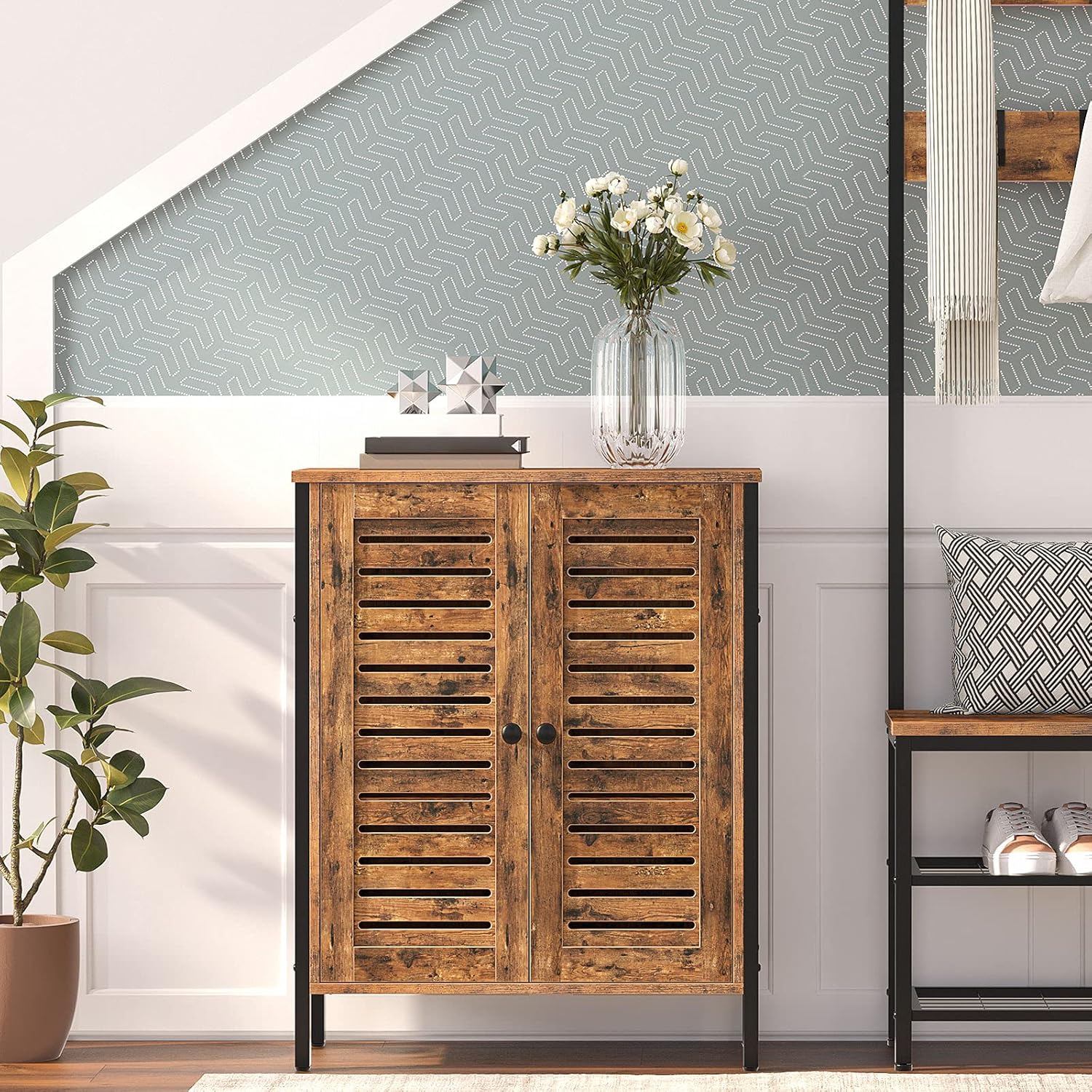 Rustic Brown Bathroom Cabinet with 2 Adjustable Shelves and Louver Doors M118911