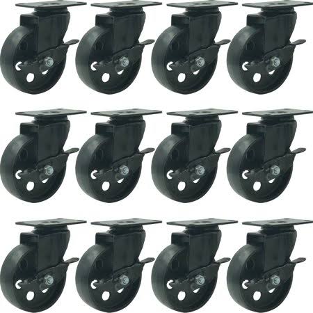12 Black Metal Swivel Plate Caster Wheels with Brake Lock, 4 inch W16024