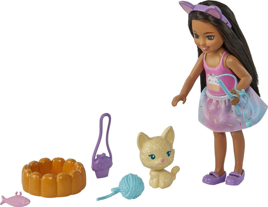 Brunette Doll with Removable Skirt, Kitten, Pet Bed O860