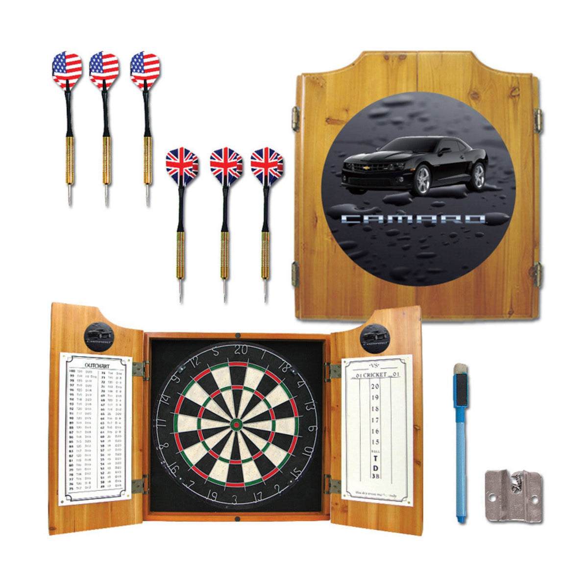 Black Camaro Dart Cabinet Includes Darts and Board X922