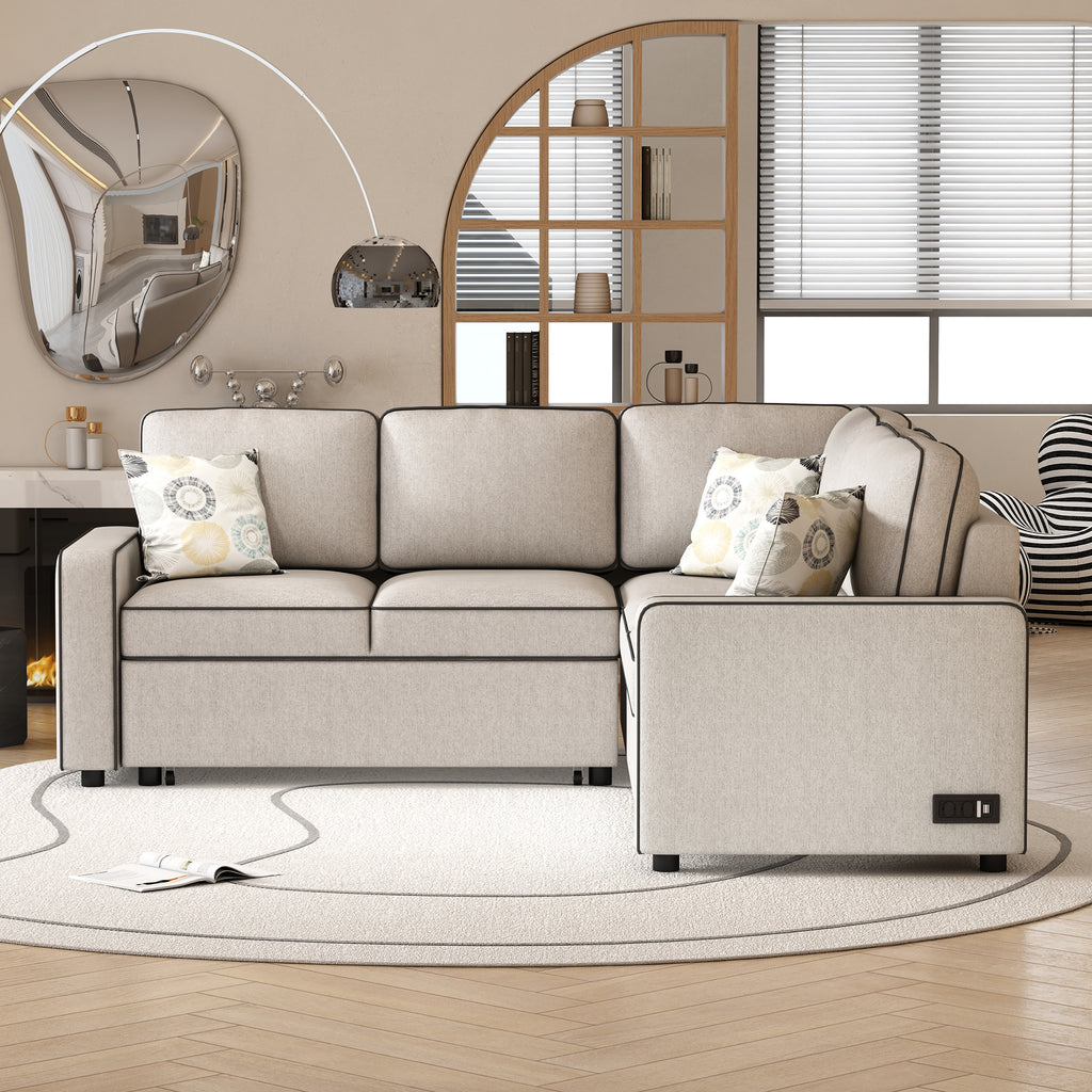 Cream L-Shaped Pull Out Sofa Bed with 2 USB Ports and 3 Pillows R9672