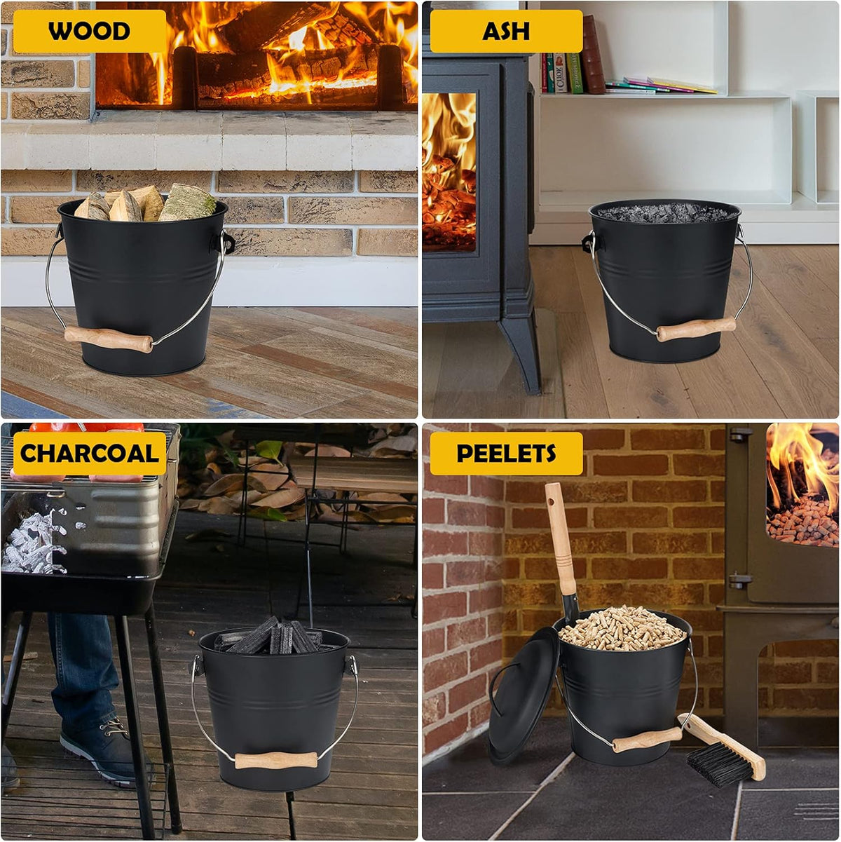 Mini Ash Bucket with Lid, 1.5-Gallon Pail with Shovel and Hand Broom, Metal Bucket Coal and Ash Carrier, Wood Pellet Storage Container, Tool set Accessories for Fireplace, Fire Pit, Wood Burning Stove Pack of 2 Q89834