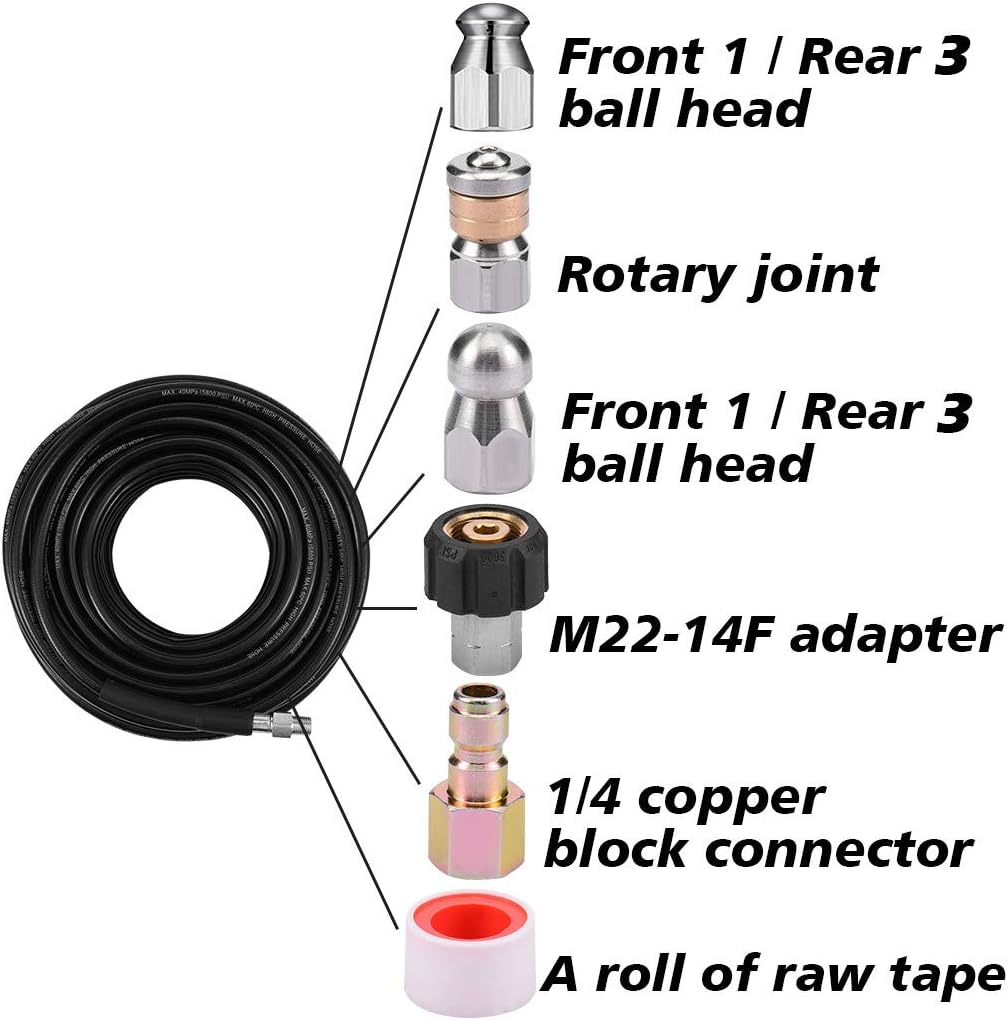 Sewer Jetter Kit 50FT for Pressure Washer, 5800PSI Drain Cleaner Hose 1/4 Inch NPT, Sewer Jetting Nozzle with Spanner Waterproof Tape X785591