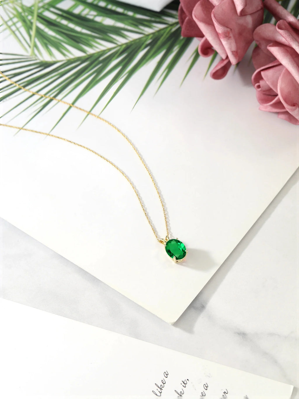 14K Yellow Gold Green Nano Emerald Solitaire Pendant Necklace with 18 inch Silver Chain U9128