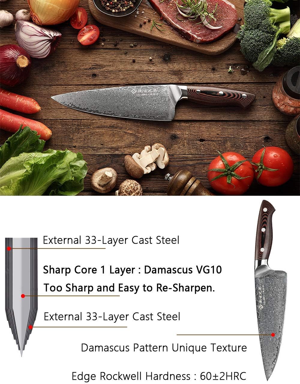 Damascus Chef Knife 8 Inch VG10 High Carbon Stainless Steel Knife Y948