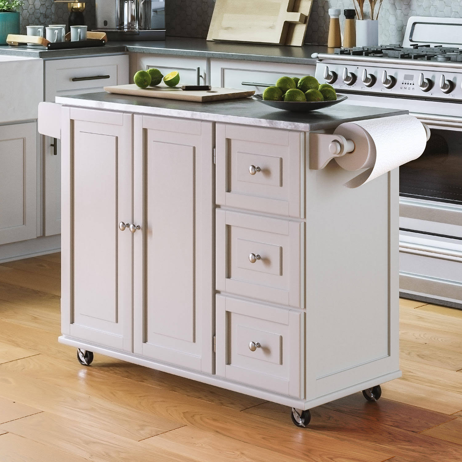 White Kitchen Cart with Stainless Steel Top S434737