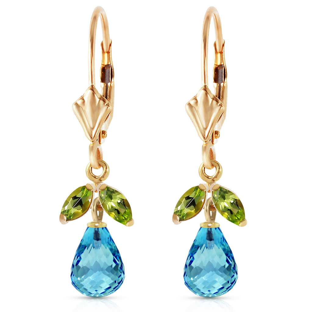14k Yellow Gold Leverback Earrings with Blue Topaz and Peridots C1223