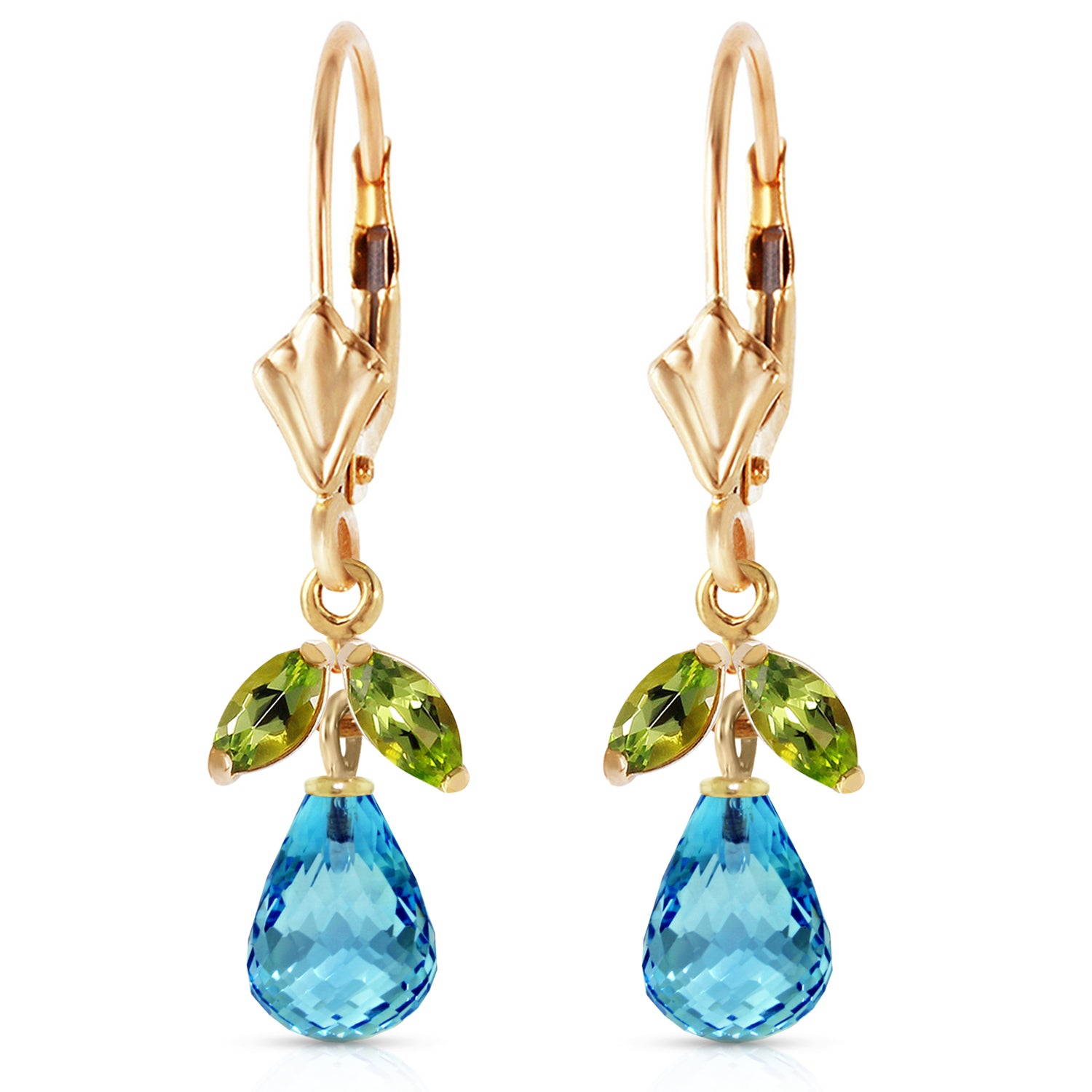 14k Yellow Gold Leverback Earrings with Blue Topaz and Peridots C1223