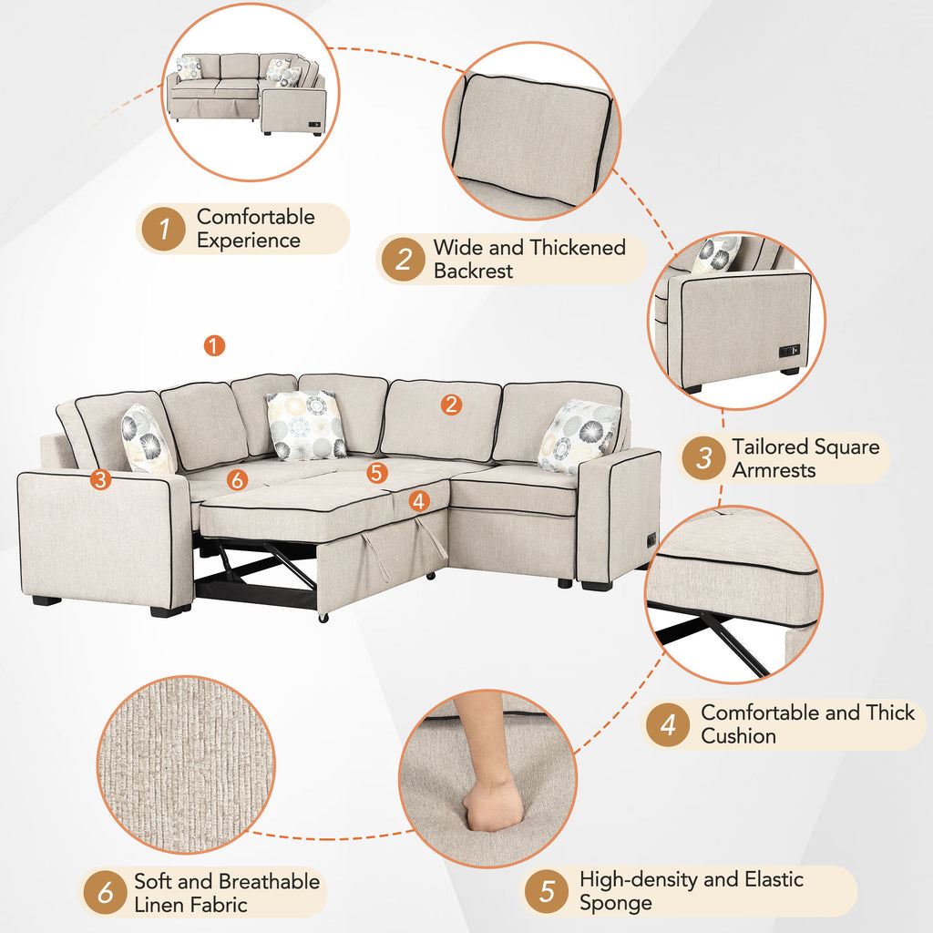Cream L-Shaped Pull Out Sofa Bed with 2 USB Ports and 3 Pillows R9672