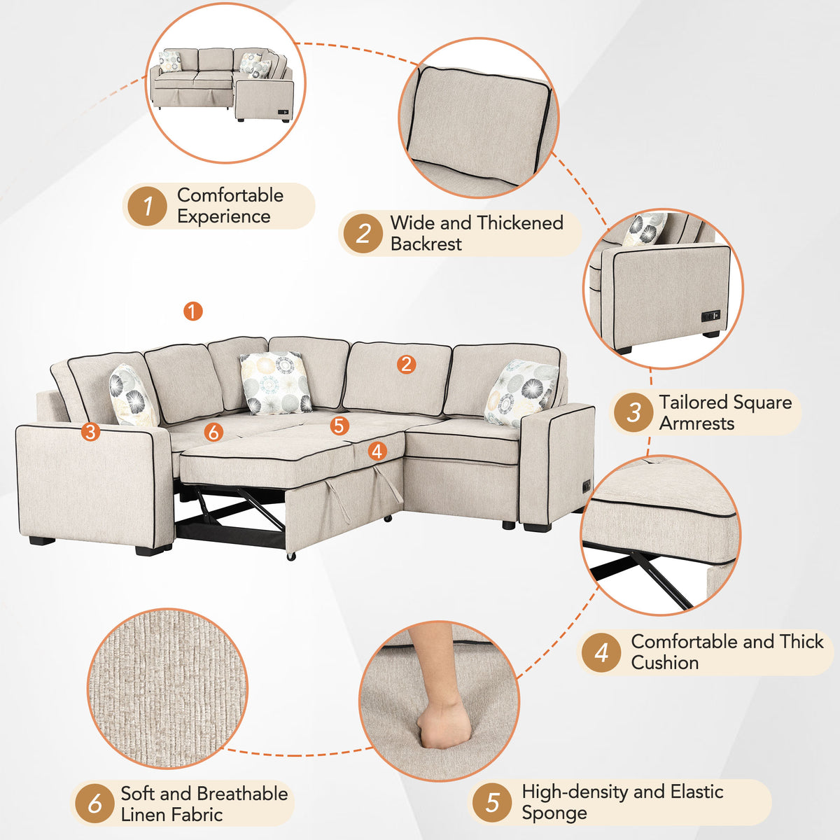 Cream L-Shaped Pull Out Sofa Bed with 2 USB Ports and 3 Pillows R9672
