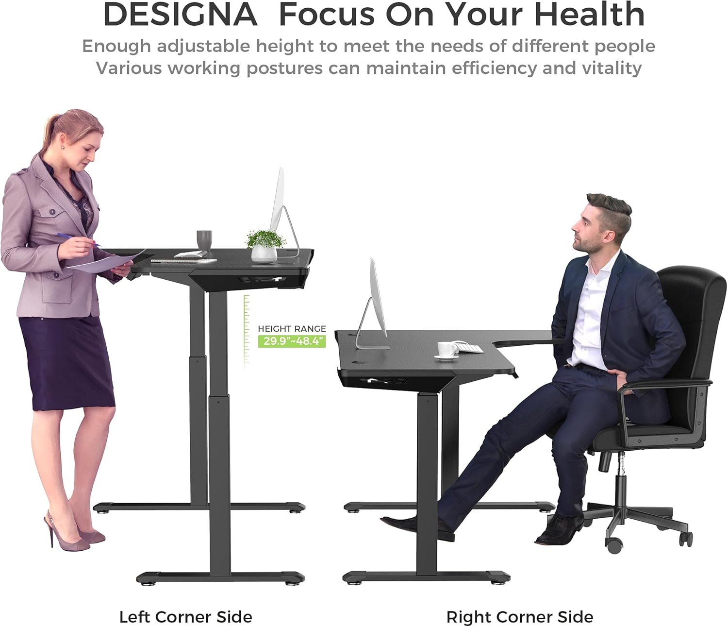 Dual Motor L Shaped Standing Desk, 61 inch Electric Height Adjustable Black Frame W796381