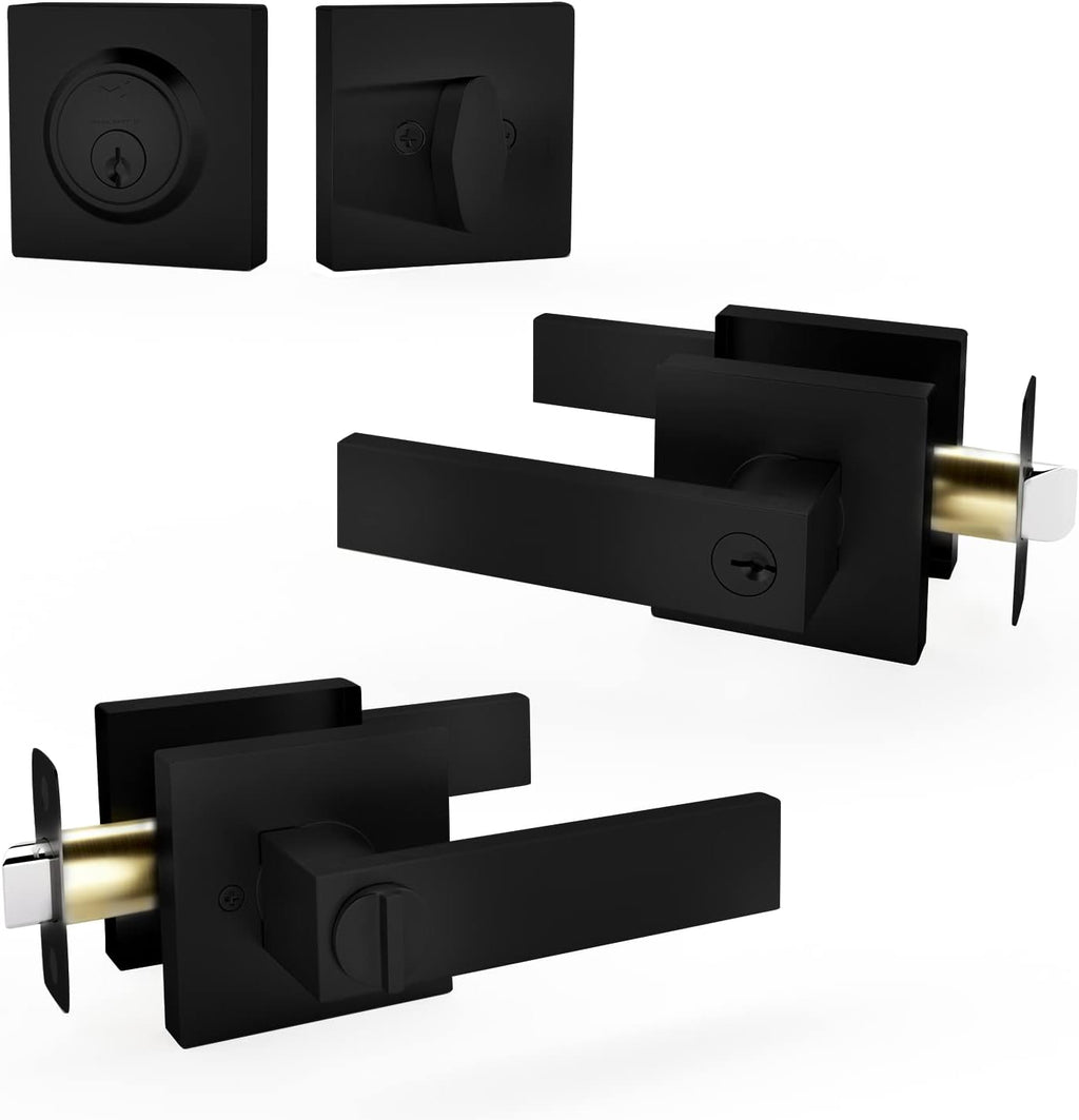 Satin Brass Square Lever Door Handle and Deadbolt Lock Combo Pack of 2 P8776