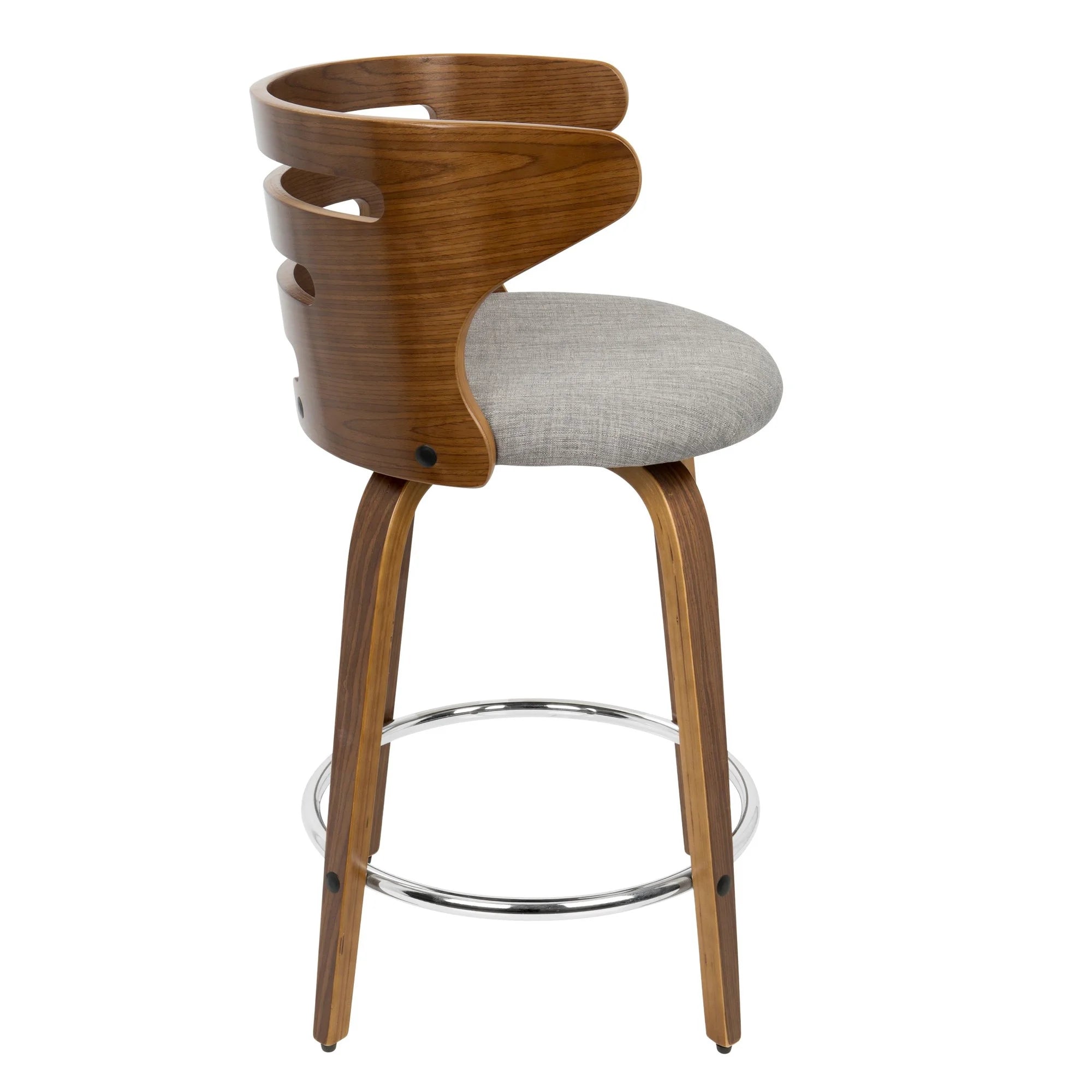 Mid-Century Modern Counter Stool with Swivel in Walnut and Grey Fabric, Set of 2 F137799