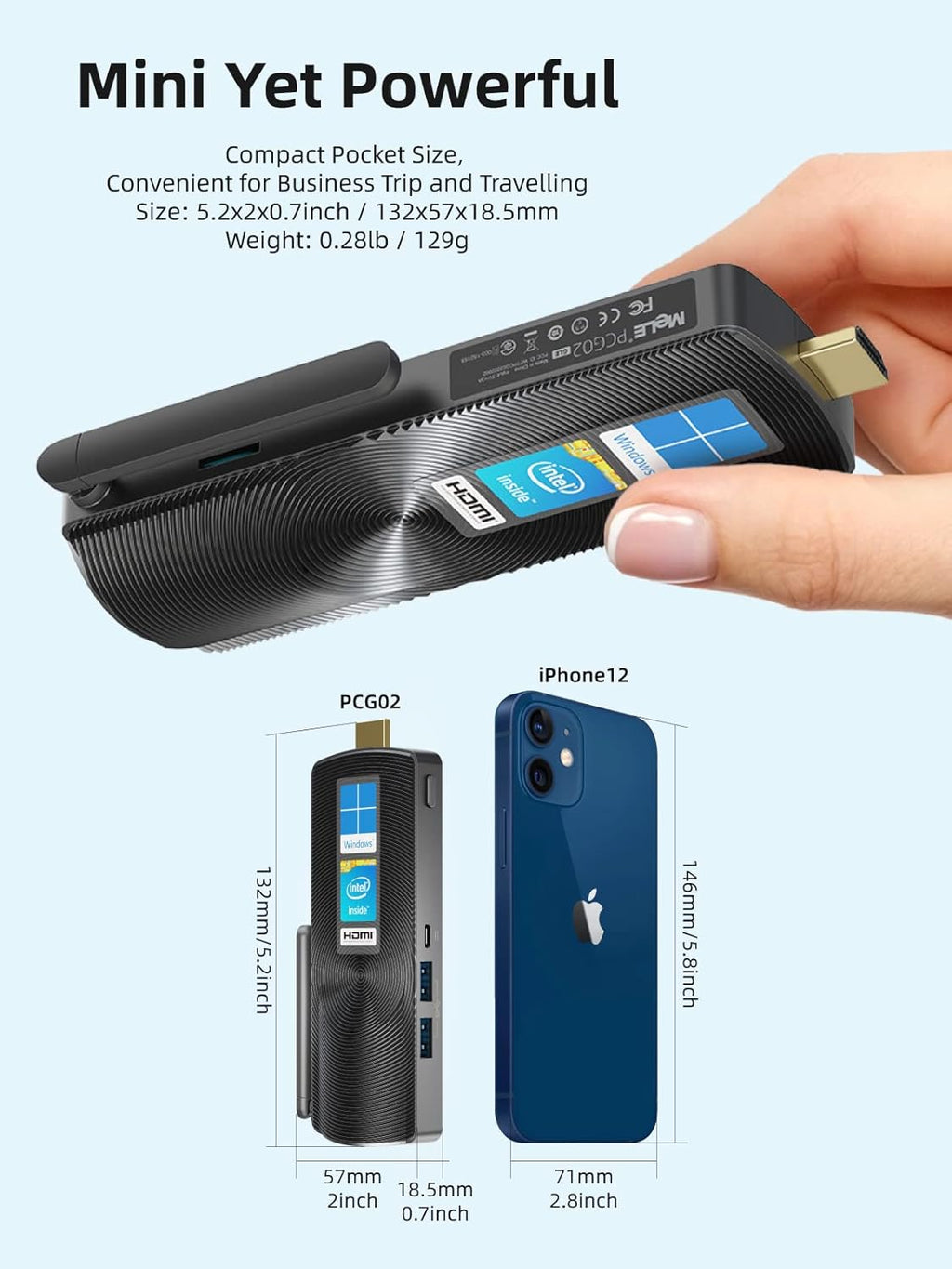 Mini PC Stick Fanless Windows 11 Pro Celeron N4020 4GB 128GB Small Computer S3421