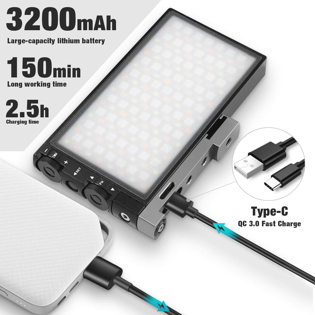RGB Video Light with Rechargeable Battery, CRI 97, Aluminum Alloy Body P22378