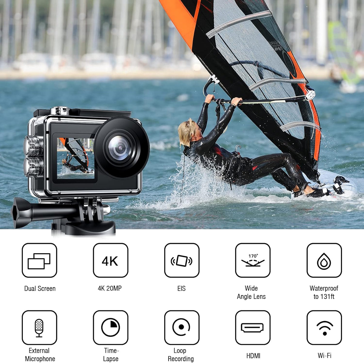 4K 20MP Dual Screen Waterproof Action Camera with Touch Screen and 2 Batteries G967761