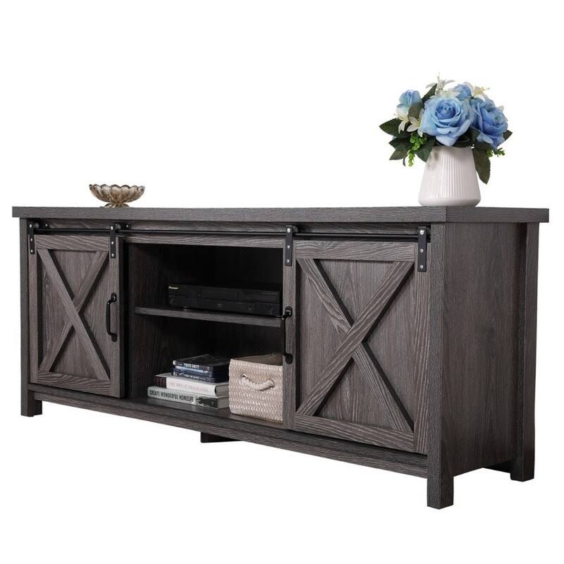 Grey Barn Wood TV Cabinet with Storage Shelves C134259
