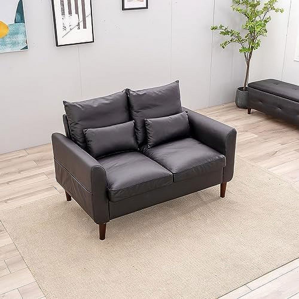 Black Faux Leather 2-Seat Sofa with Wood Leg I86428